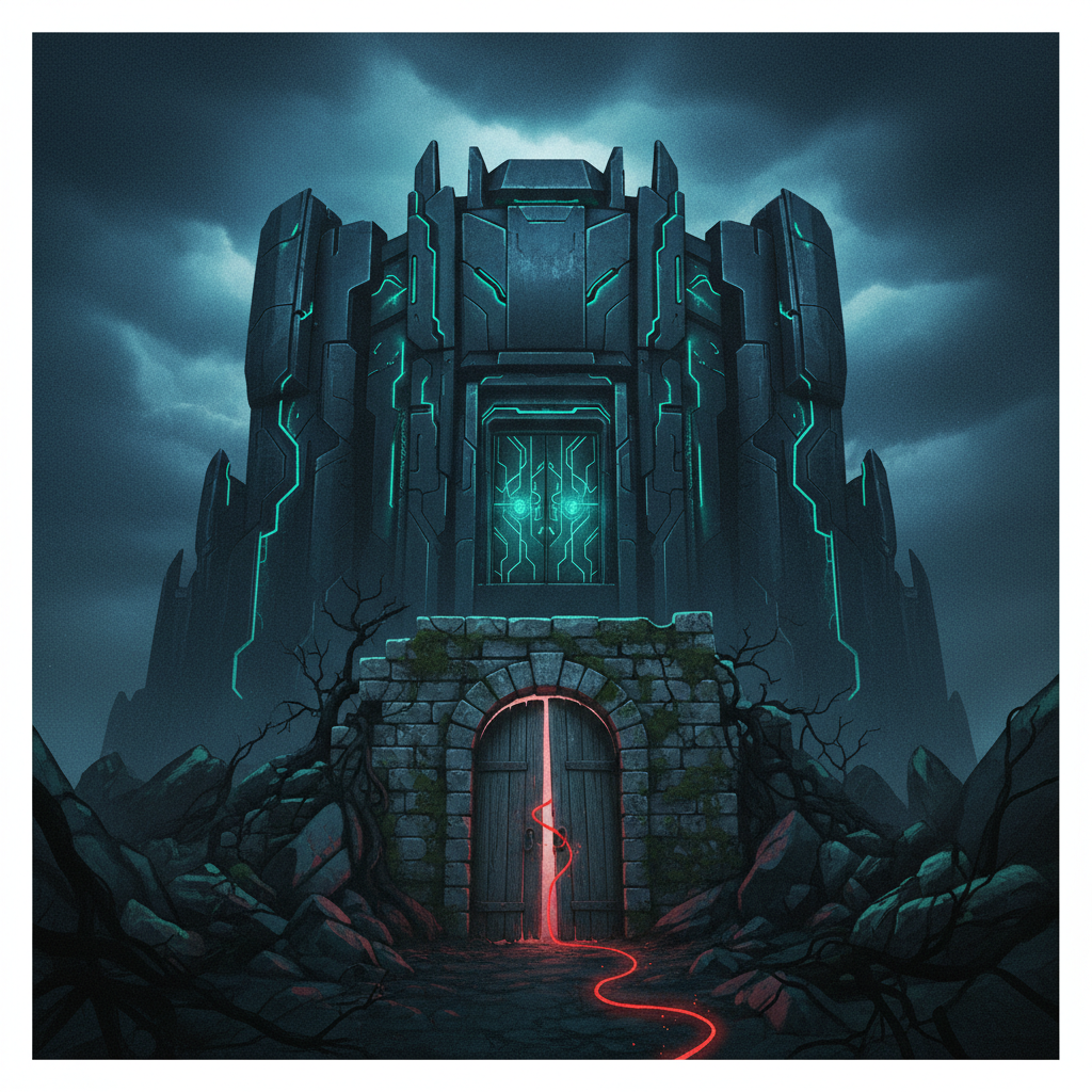 An illustration of a secure fortress with a forgotten, crumbling back door through which a red line of light, representi