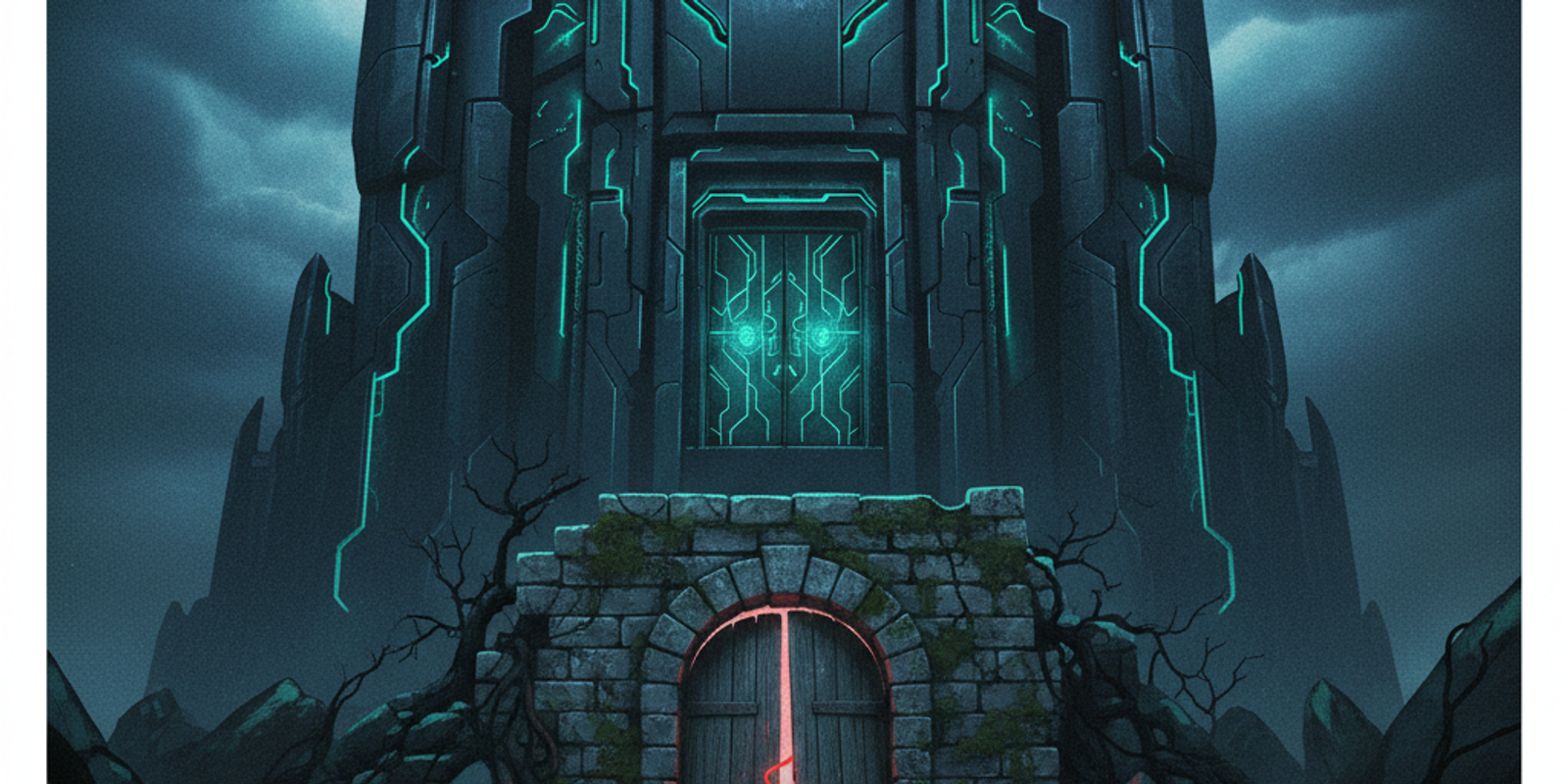 An illustration of a secure fortress with a forgotten, crumbling back door through which a red line of light, representi