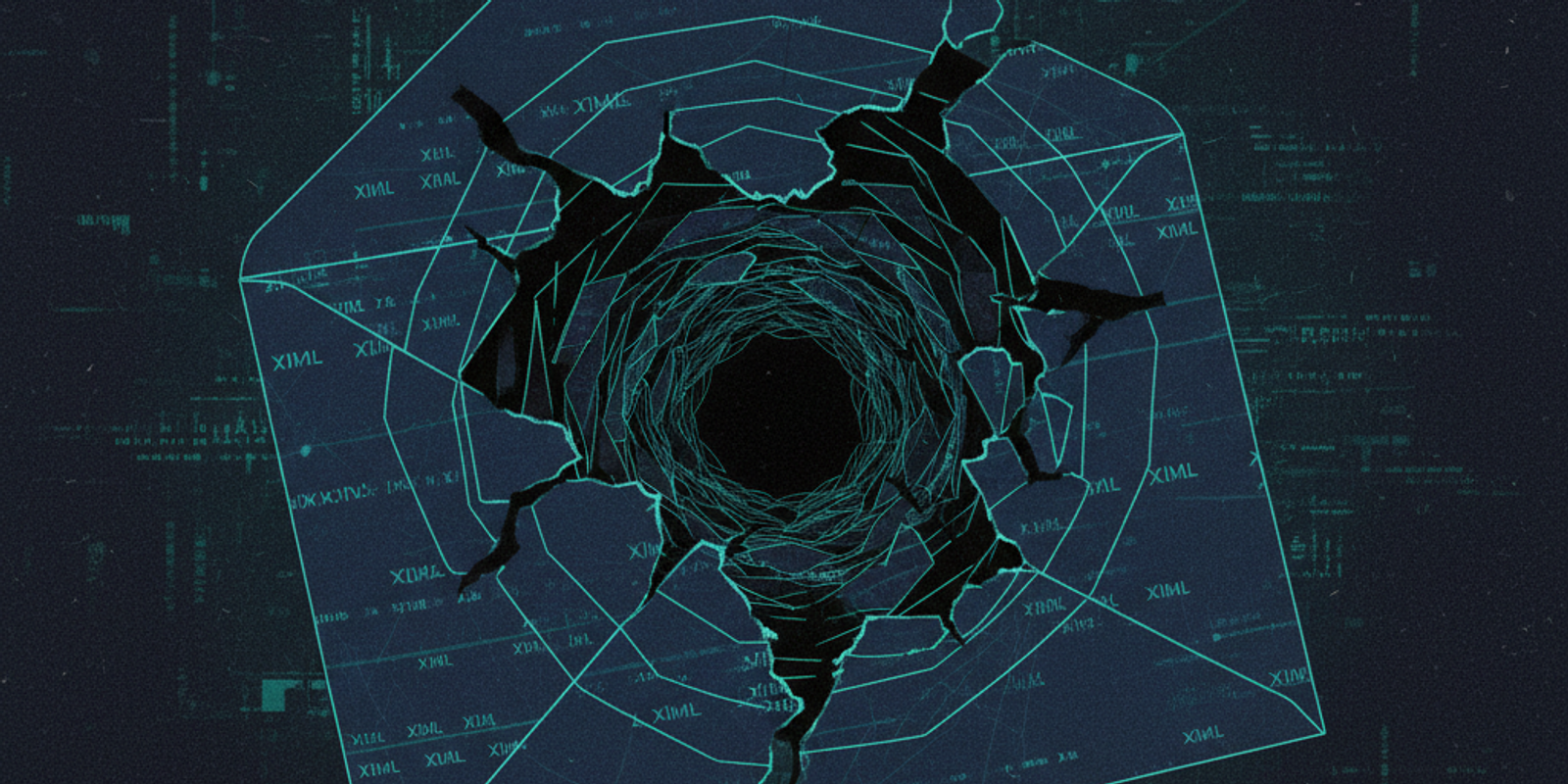 An illustration of an envelope representing a DMARC report being sucked into a geometric black hole, symbolizing reports