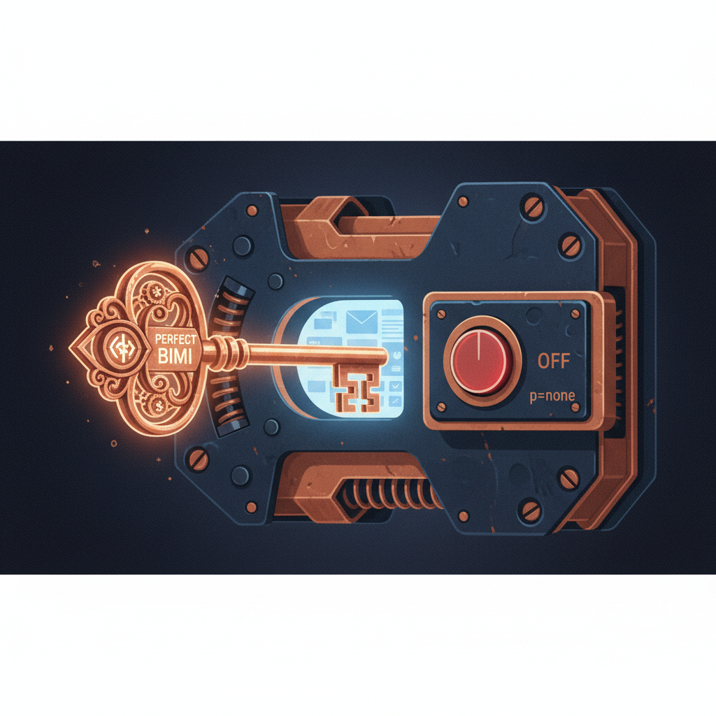 An illustration of an ornate key unable to enter a lock because a switch on the lock, representing a DMARC policy, is in