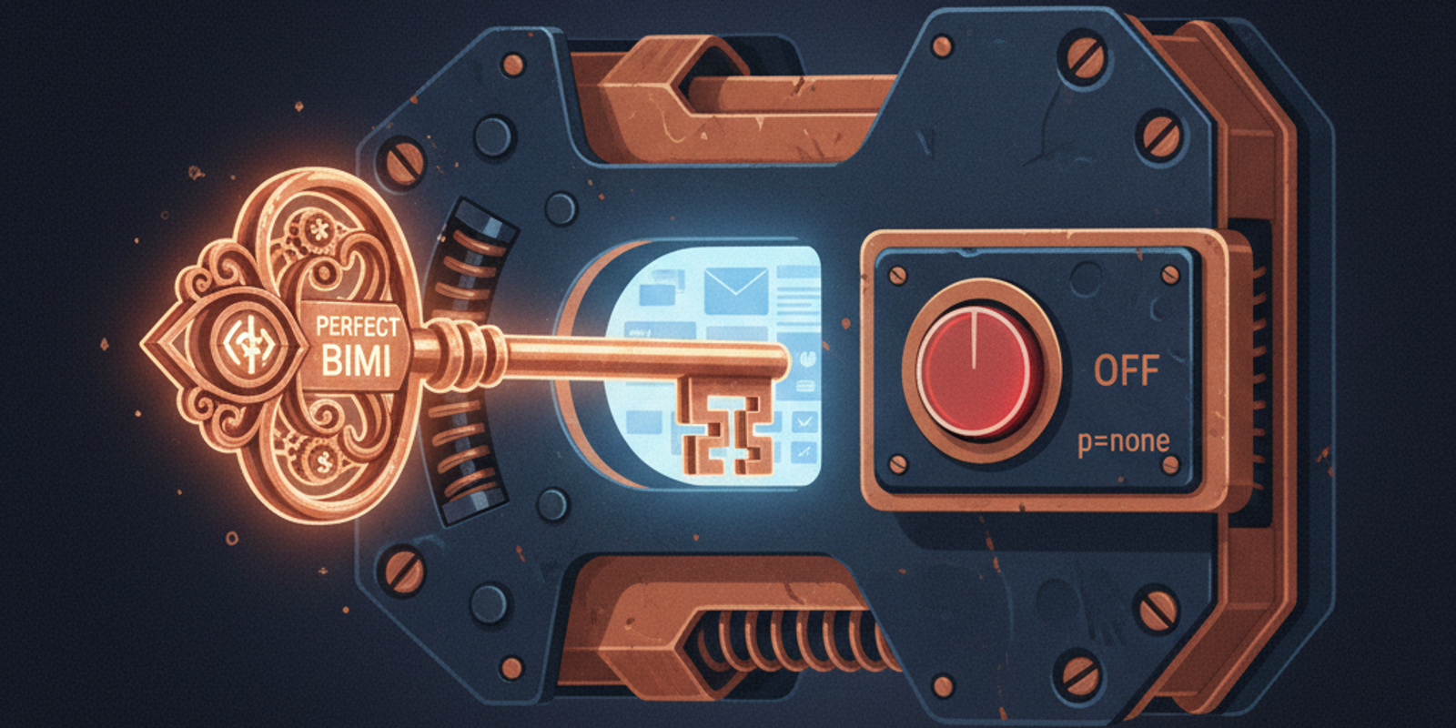 An illustration of an ornate key unable to enter a lock because a switch on the lock, representing a DMARC policy, is in
