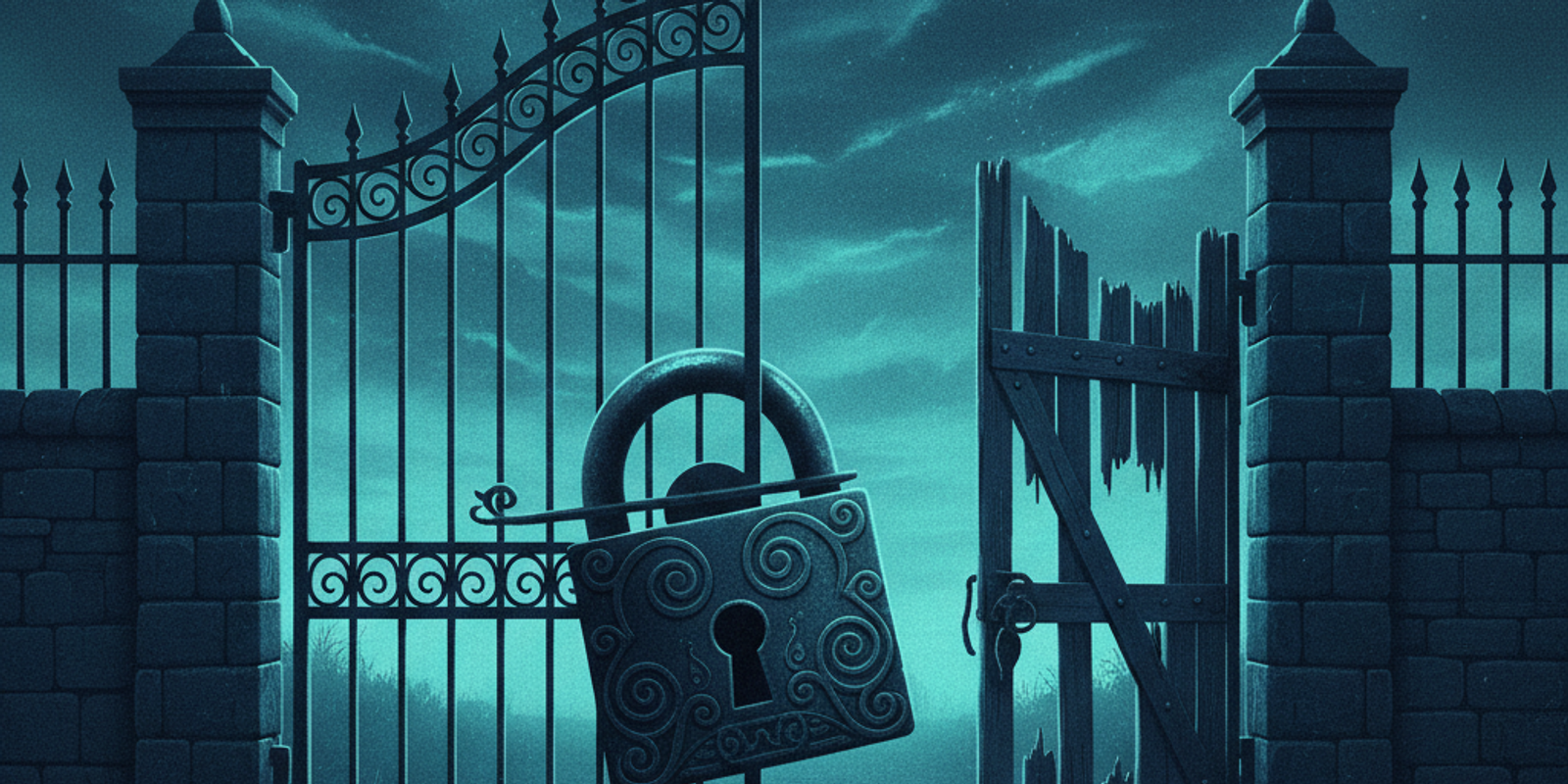 Illustration showing a strong main gate lock but a weak, unlocked side gate, symbolizing a DMARC policy weakness in subd