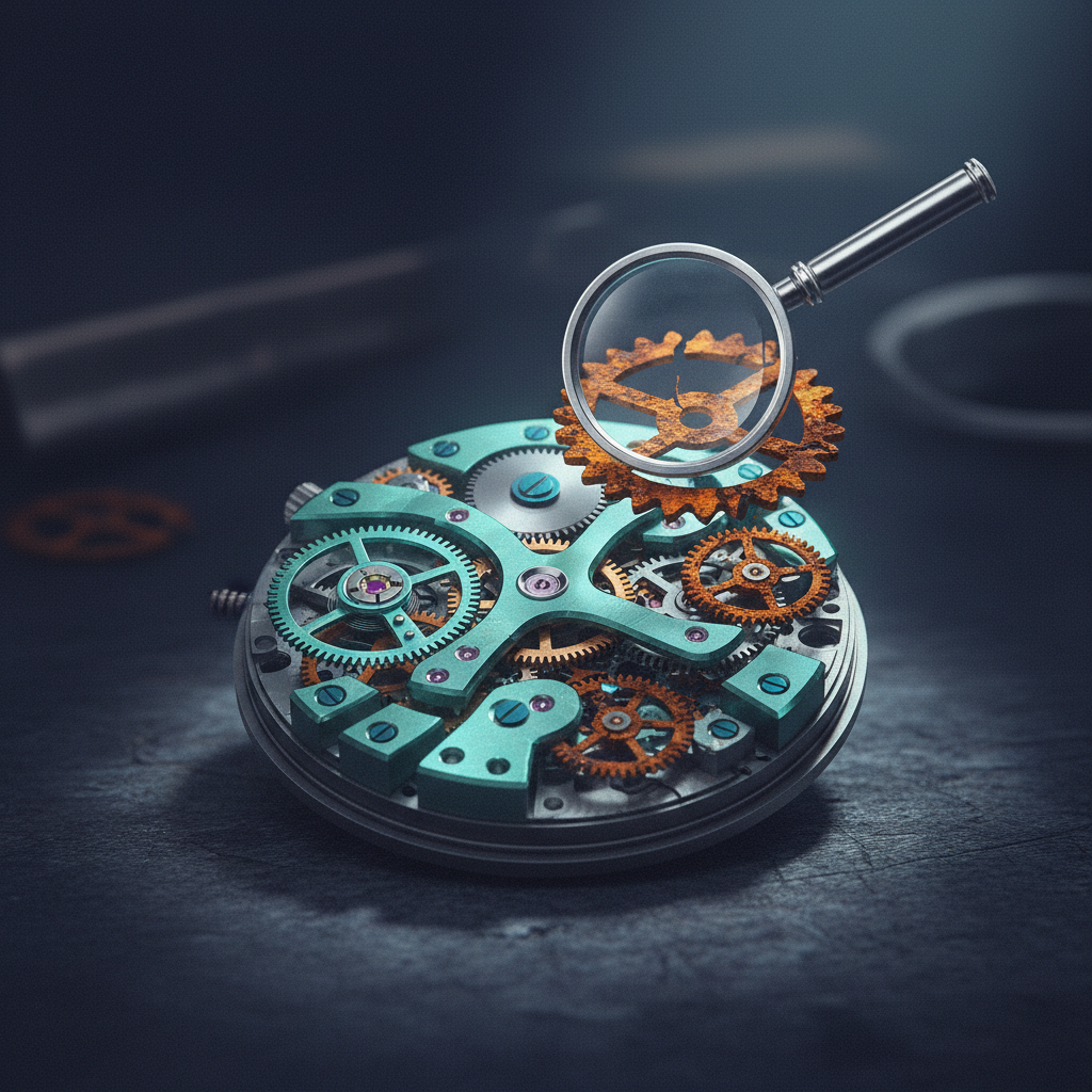 An editorial illustration of a partially disassembled, intricate watch mechanism representing a complex email header bei