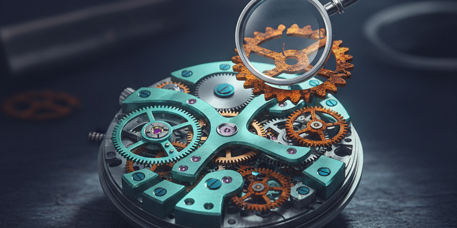 An editorial illustration of a partially disassembled, intricate watch mechanism representing a complex email header bei