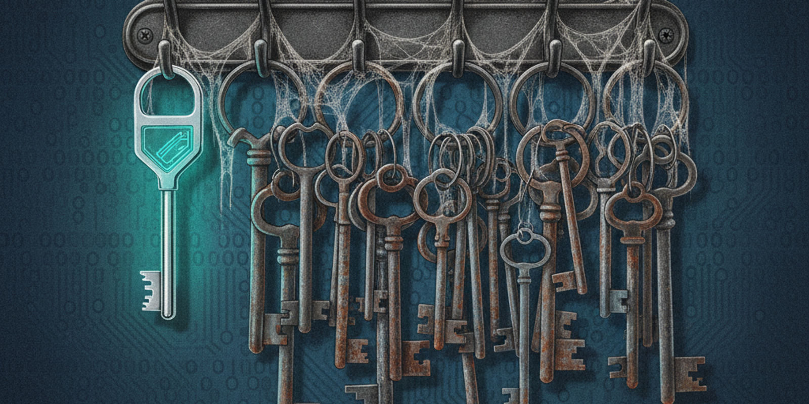 An illustration of many old, rusty keys hanging next to a single, new, glowing key, symbolizing forgotten and insecure D