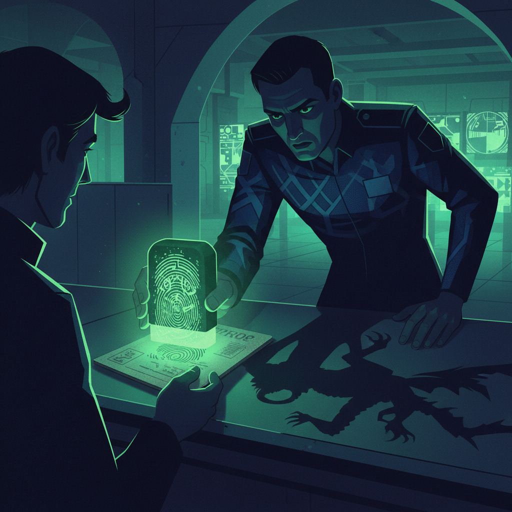 Illustration of a customs checkpoint where an email's passport has a green 'SPF PASS' stamp, but a security guard sees i