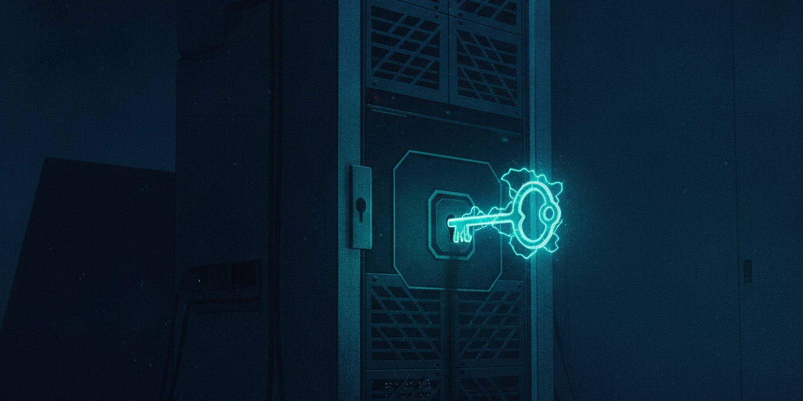 Editorial illustration of a glowing skeleton key unlocking a server rack