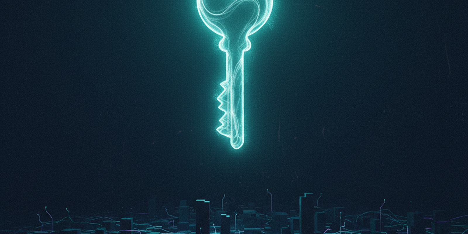 An illustration of a spectral, glowing key hovering over a dark, grid-like cityscape, representing an abandoned DKIM rec