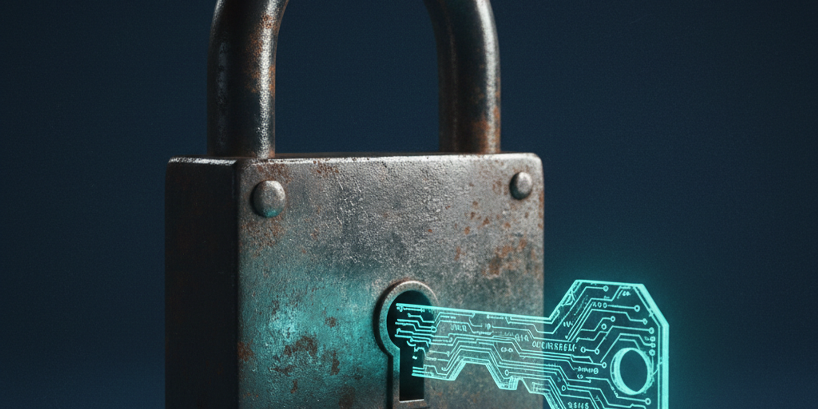 A close-up of a digital key made of glowing circuits being inserted into an old iron padlock, symbolizing a valid key un
