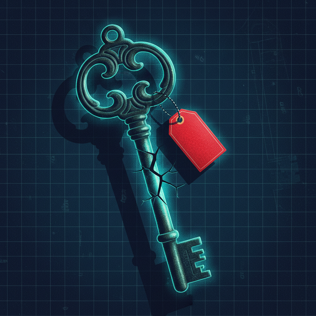 A fractured, antique metal key with a red tag labeled 't=y' symbolizing a DKIM test mode vulnerability in email security
