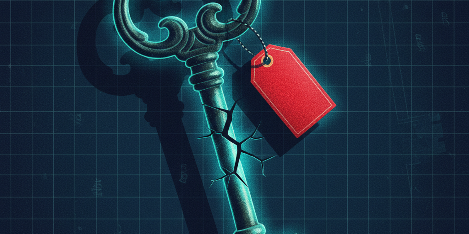 A fractured, antique metal key with a red tag labeled 't=y' symbolizing a DKIM test mode vulnerability in email security