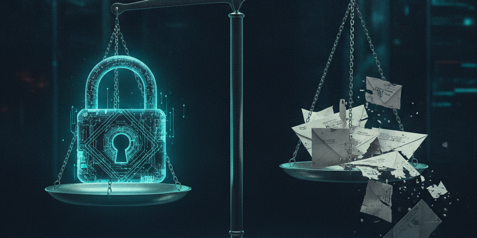 A glowing cryptographic lock balances on a scale against scattered envelopes, illustrating the technical tradeoff of ema