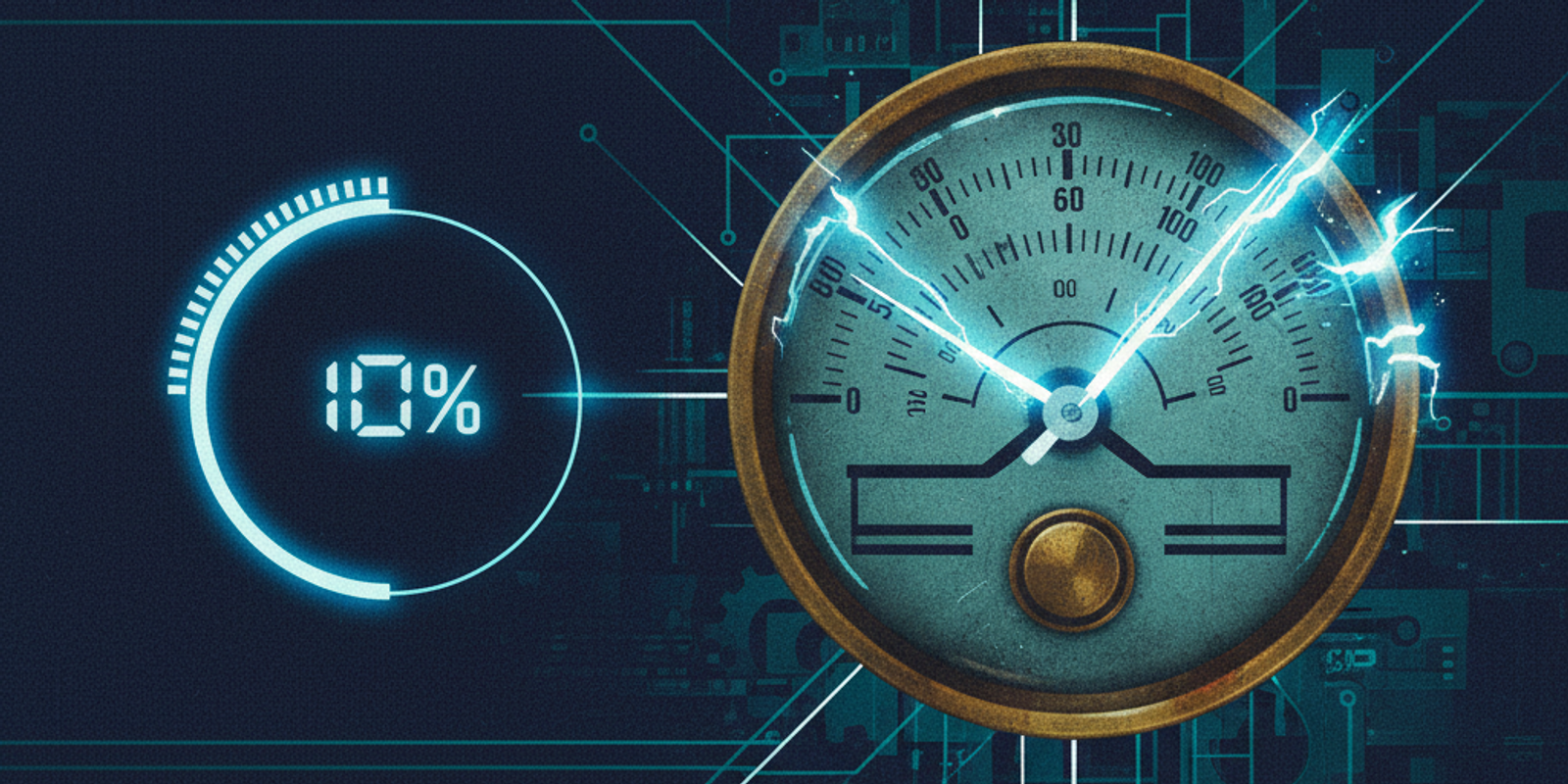 An editorial illustration showing a digital dial set to 10% failing to control an analog gauge, which swings wildly, rep