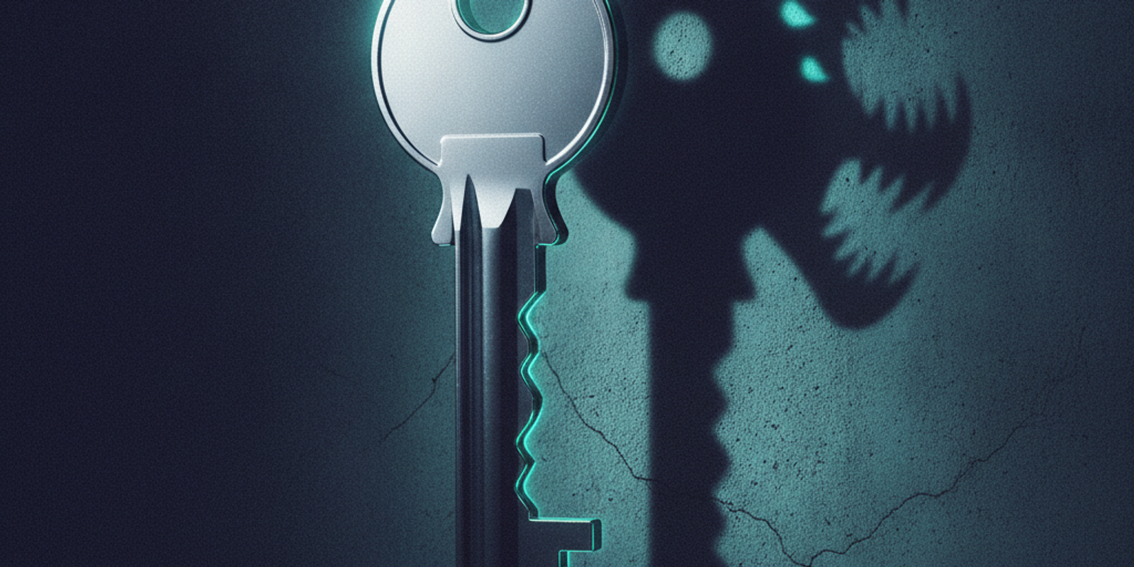 A flawless metallic key casting a sinister shadow, representing malicious infrastructure disguised as compliant.