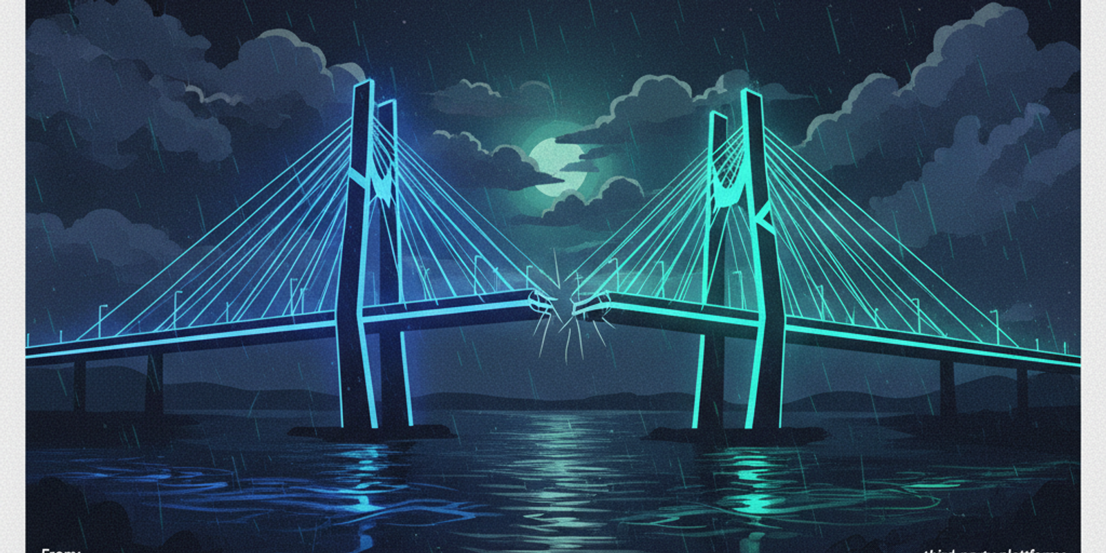 An illustration of a bridge with two misaligned halves, symbolizing a DMARC alignment failure between a sender's domain