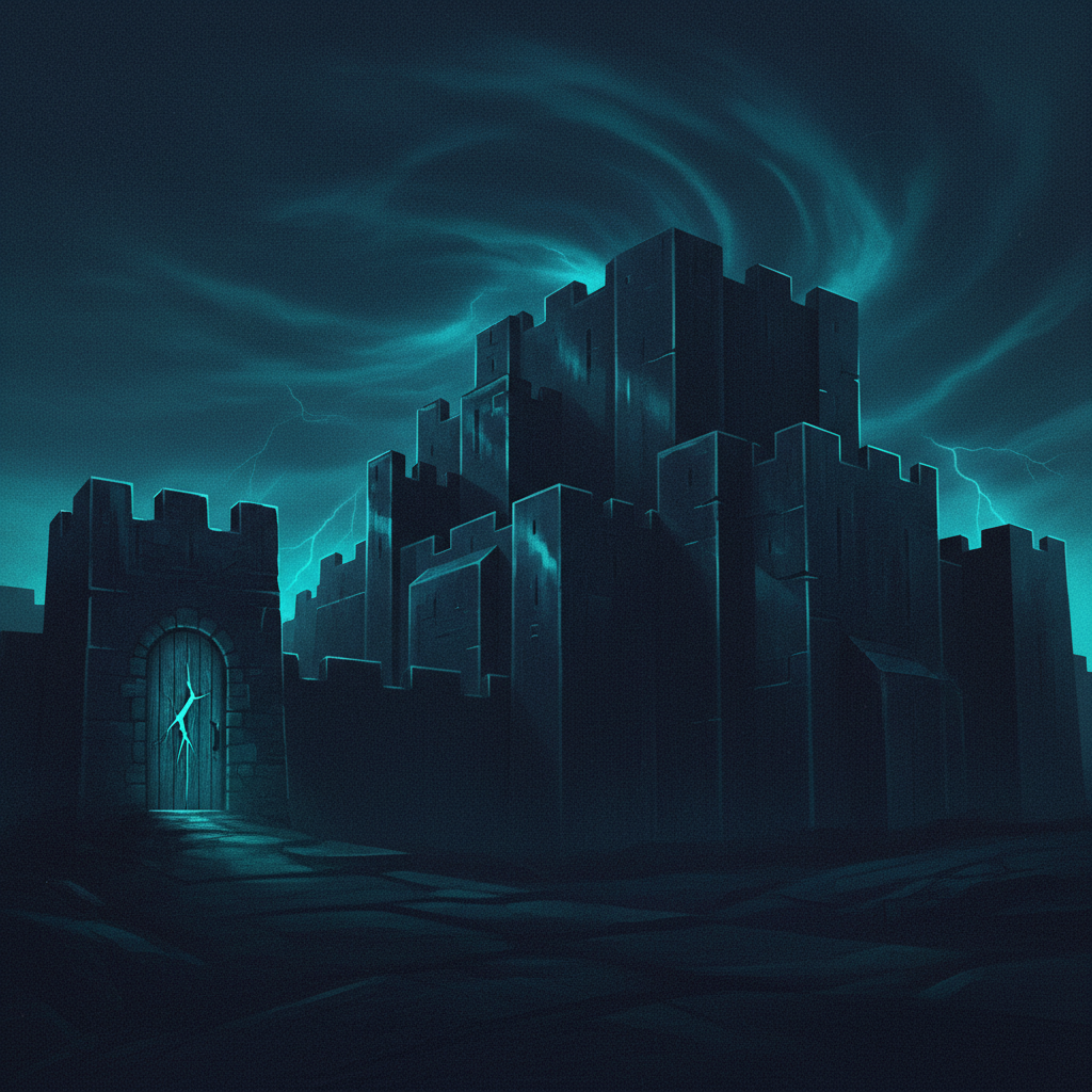 Illustration of a massive, dark castle with a small, glowing door cracked open on a forgotten side tower, representing a