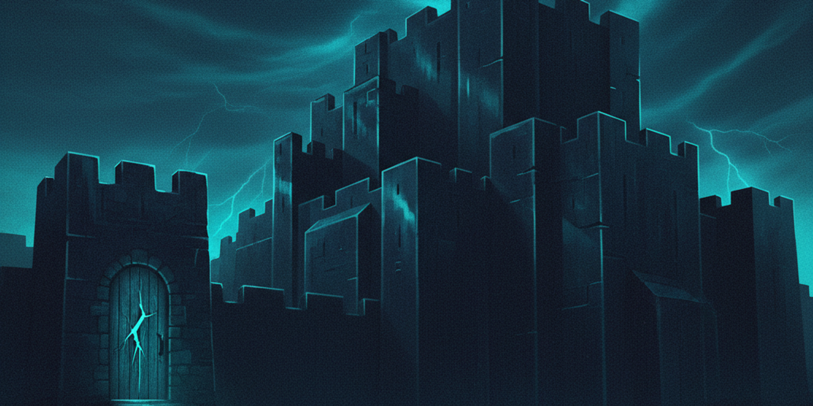 Illustration of a massive, dark castle with a small, glowing door cracked open on a forgotten side tower, representing a