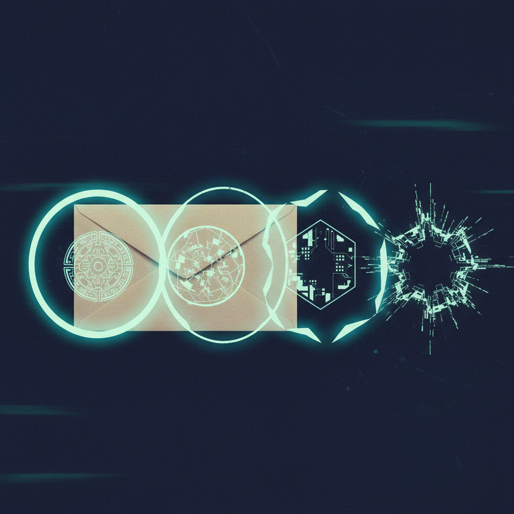 An illustration of an email envelope being stamped with multiple, overlapping digital seals as it passes through a serie