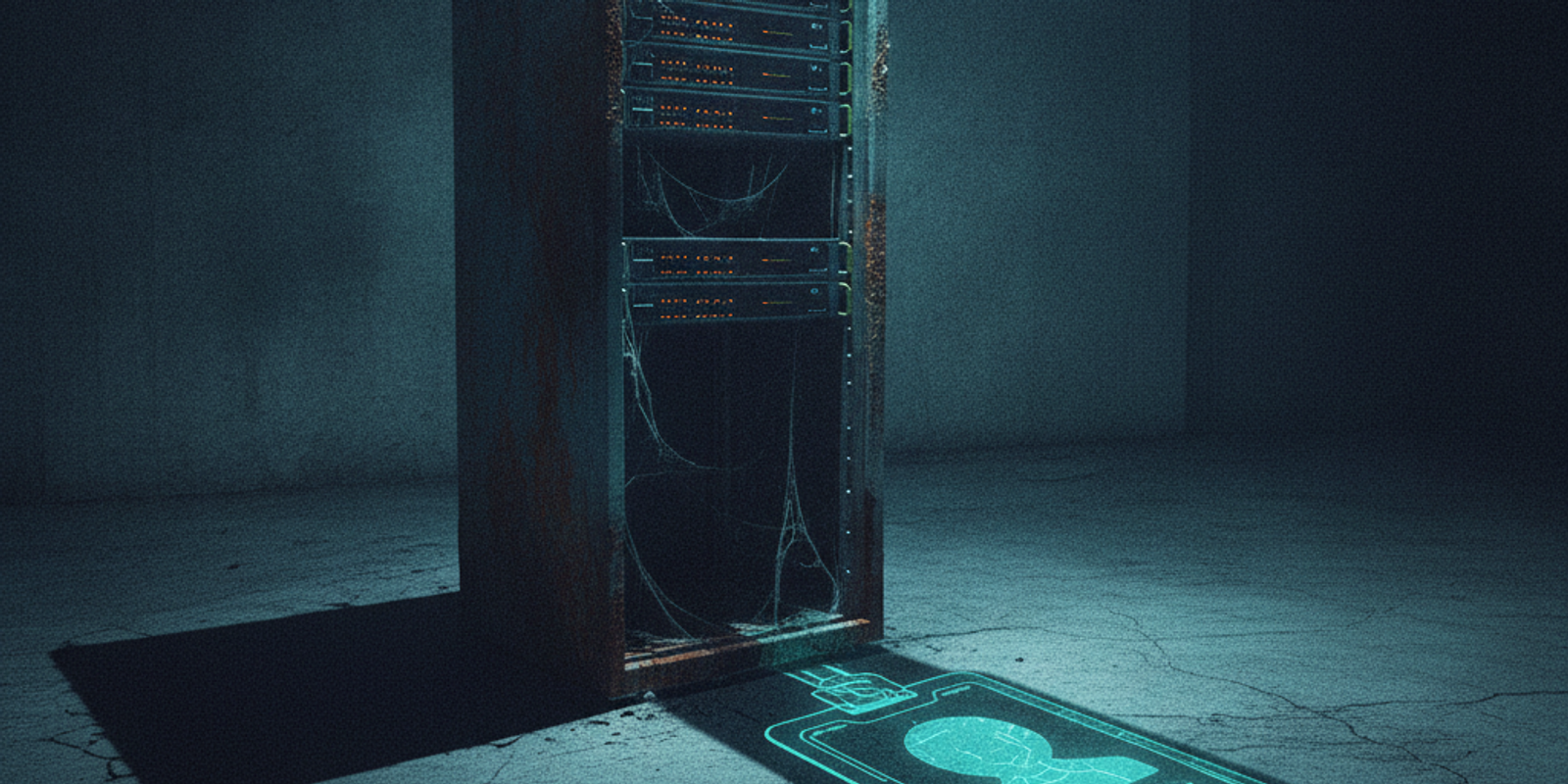 Illustration of a rusted server rack whose shadow turns into a glowing corporate ID badge.