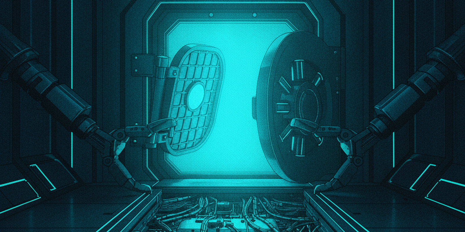 A glowing trapdoor opening beneath a steel vault, illustrating kernel level attacks bypassing defenses.