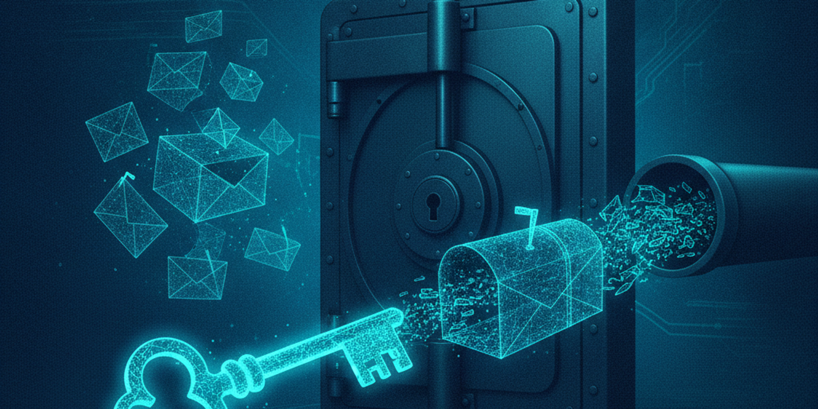 An abstract glowing skeleton key bypassing a closed vault door to access floating digital mailboxes.
