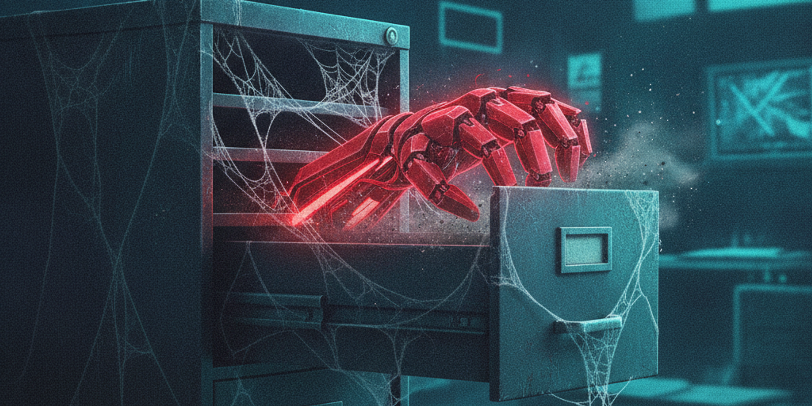 Red cybernetic hand pulling open a dusty metal filing cabinet