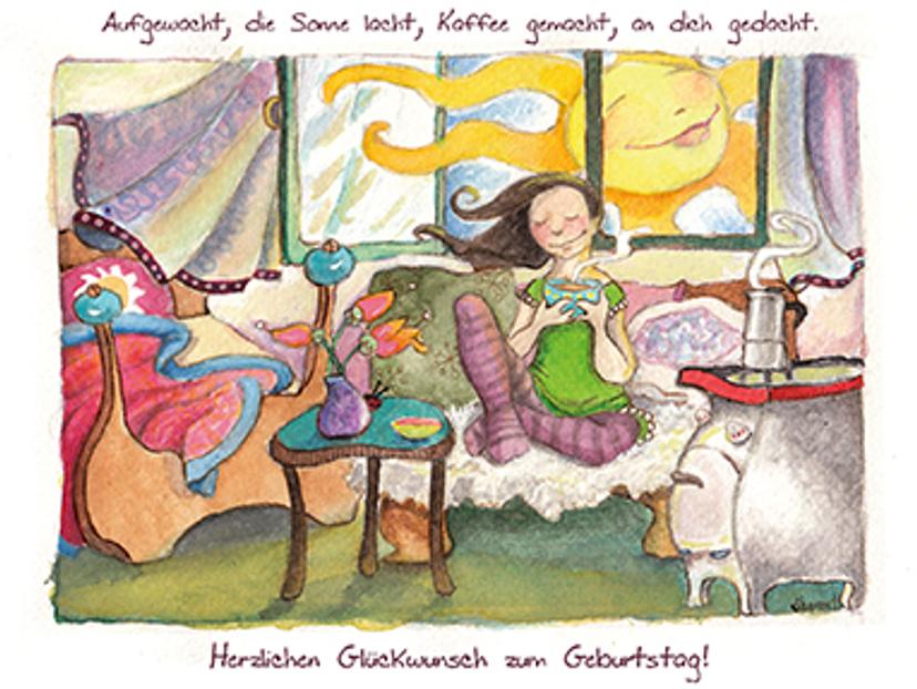 Geburtstags-Postkarte mit Illustration und Gruß