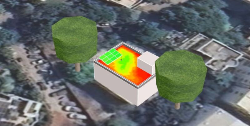 Our 3D model showing the water tank and tree. We used the "Sun Access" heat map to justify the exact placement of the Premier panels.