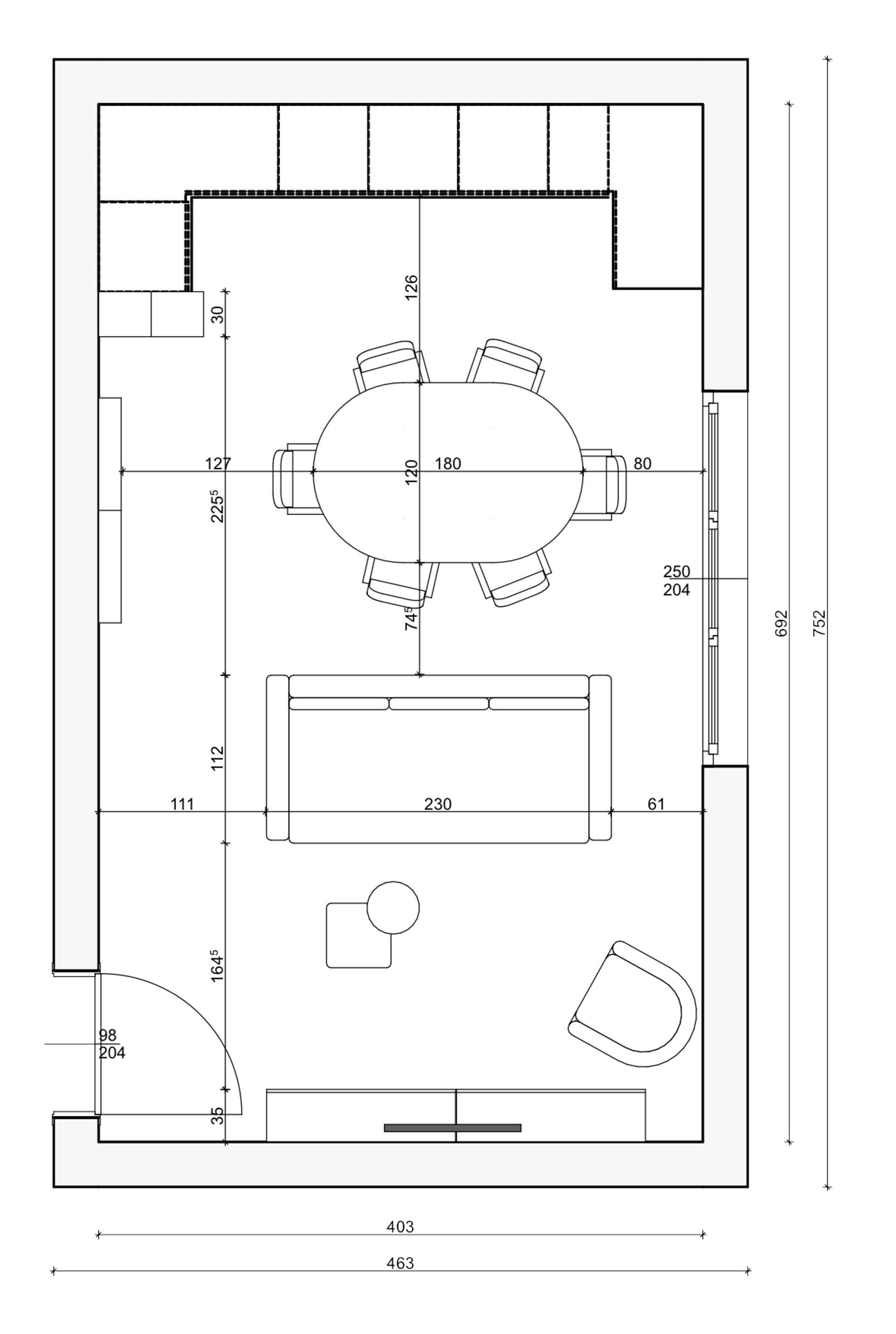 Layout mit Sofa in der Mitte zur Zonierung zwischen Wohn- und Essbereich