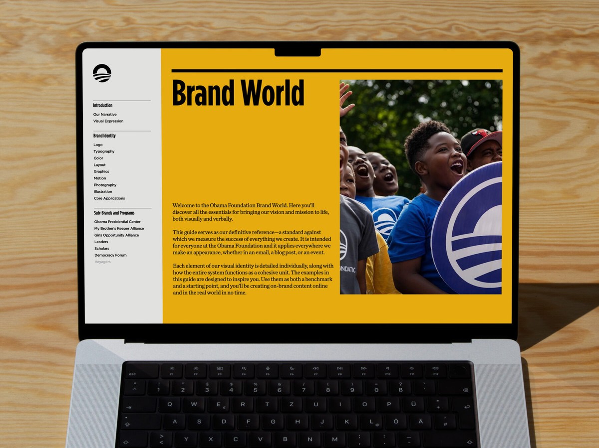 Obama Foundation brand guideline document on laptop