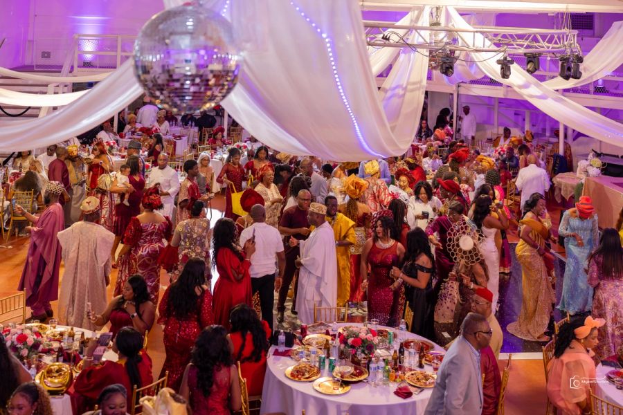 Group of people in traditional attire at a party