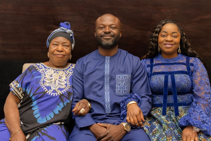 Family in blue traditional wear