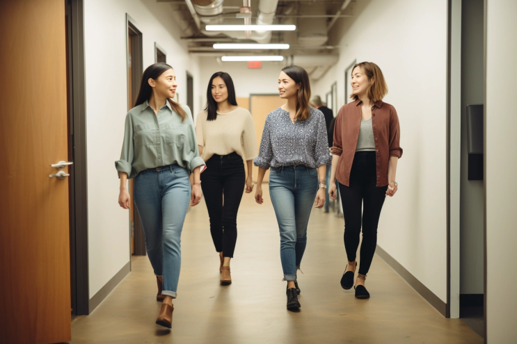 four women walking down a hallway