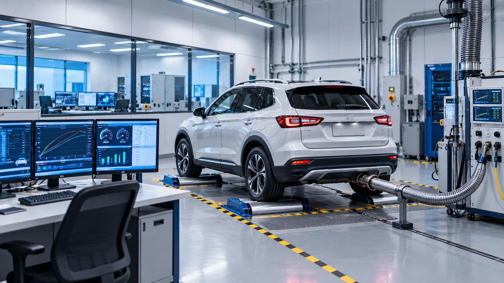 Vehículo sobre rodillos de ensayo de emisiones en un laboratorio de homologación vehicular.