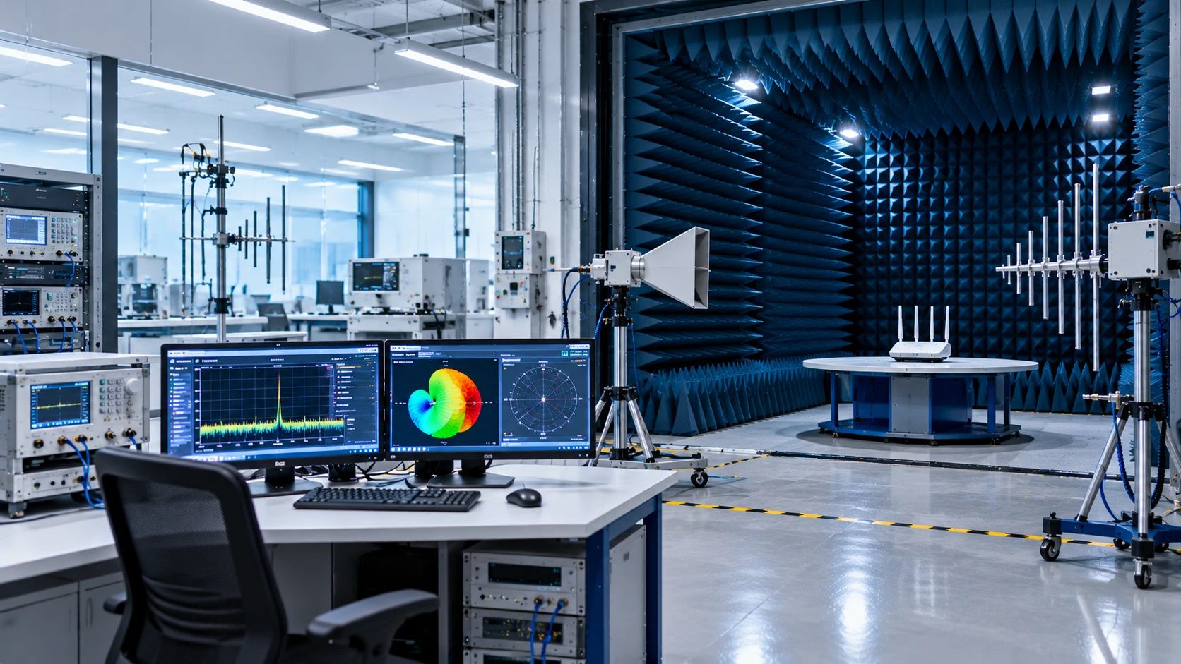 Laboratorio de ensayos de radiofrecuencia con cámara anecoica, antenas y equipos de medición.