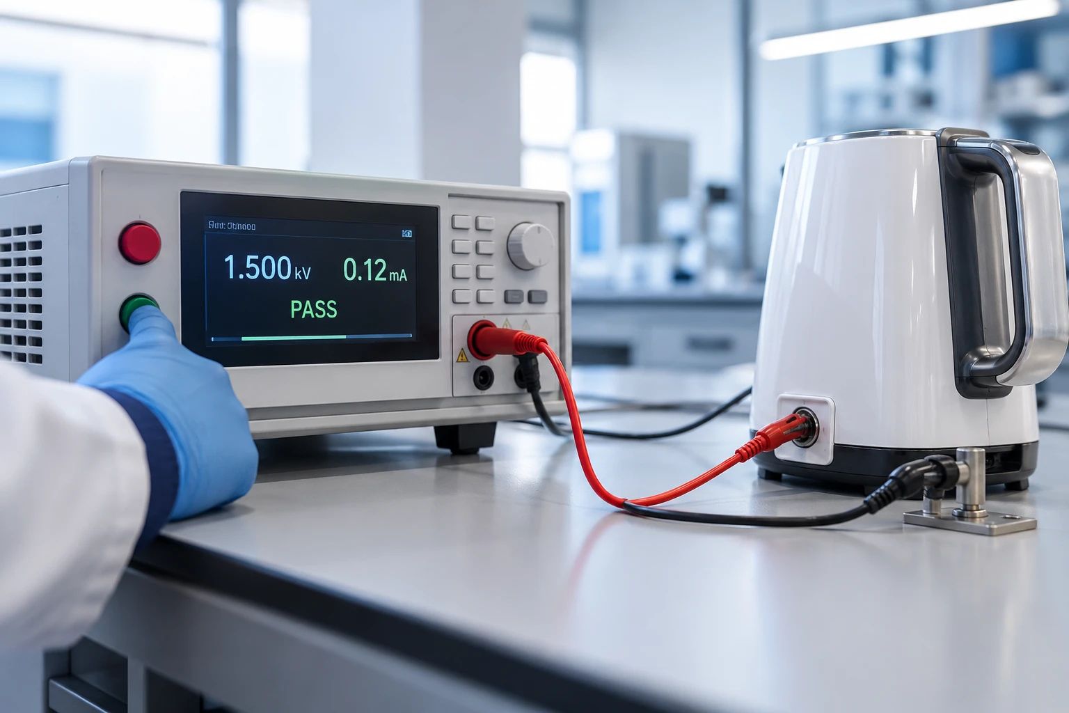 Técnico con guante ensayando la rigidez dieléctrica de un artefacto eléctrico en un laboratorio de seguridad.