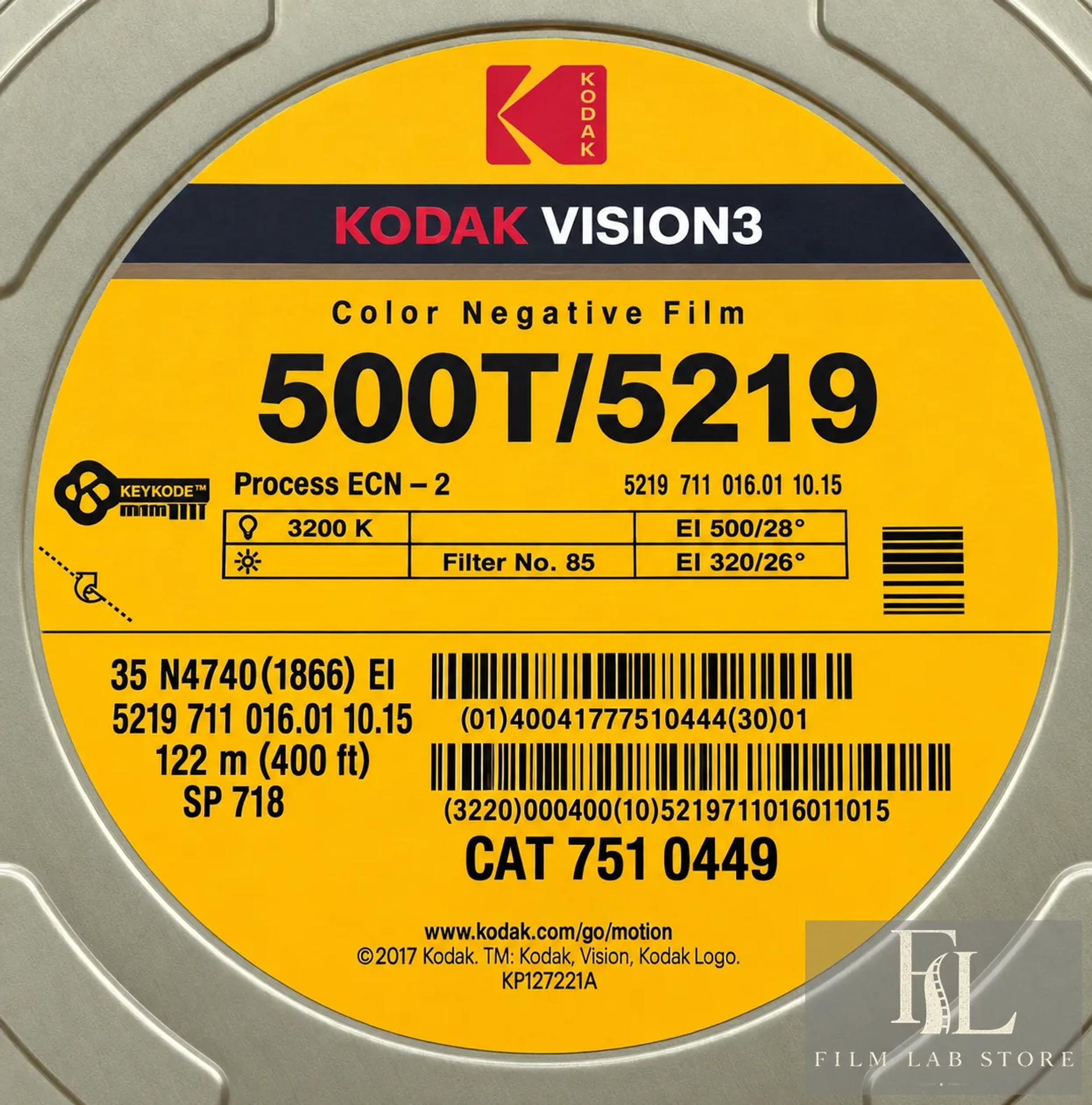 Kodak VISION3 500T 5219 AHU — 135/36 cine film, ECN-2, Rem-Jet free