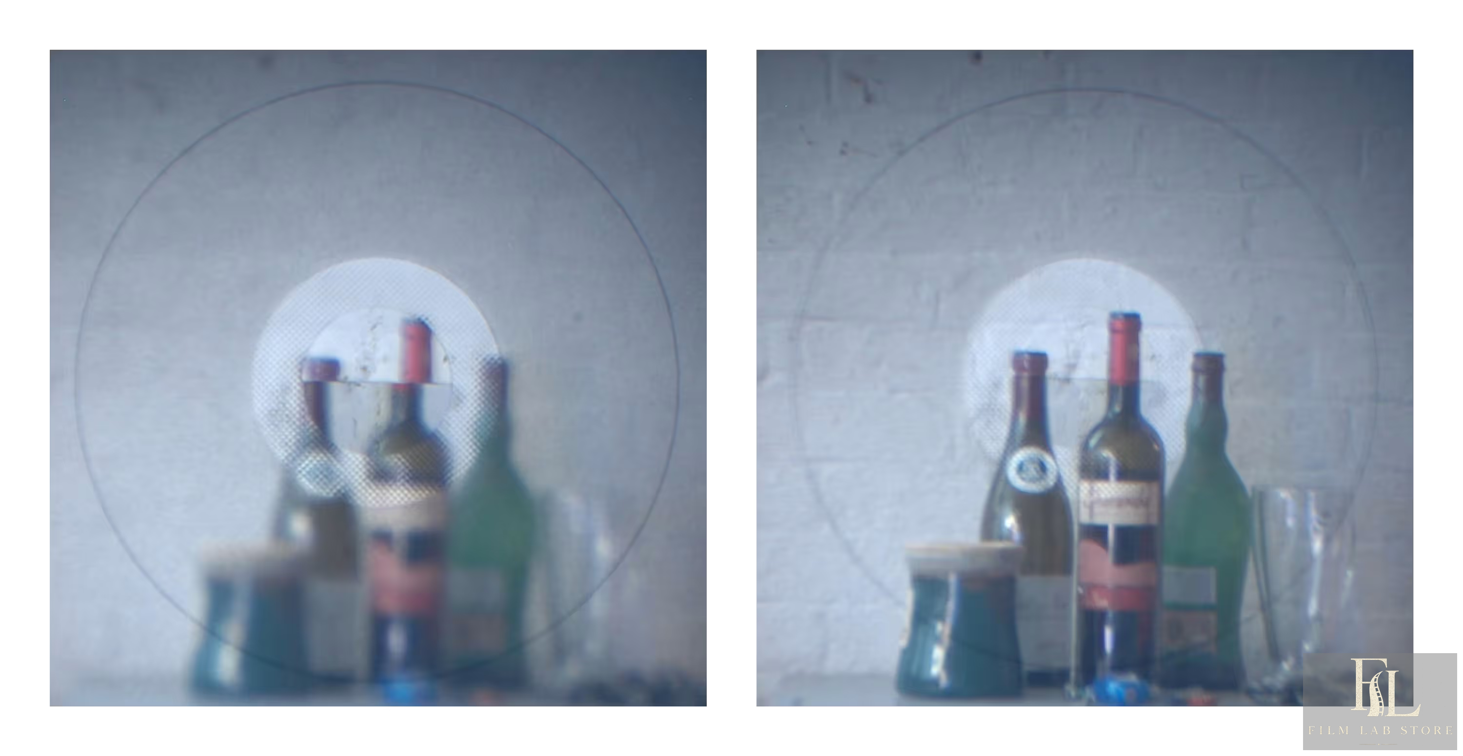 Split-image SLR viewfinder shown out of focus and correctly focused