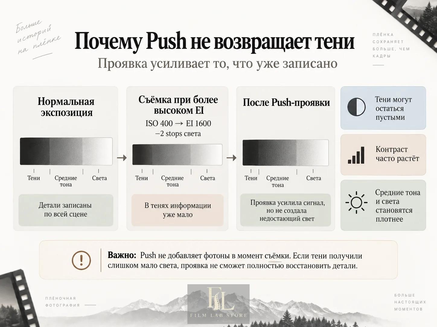 Проявка усиливает уже записанный сигнал. Там, где света почти не было, усиливать нечего.