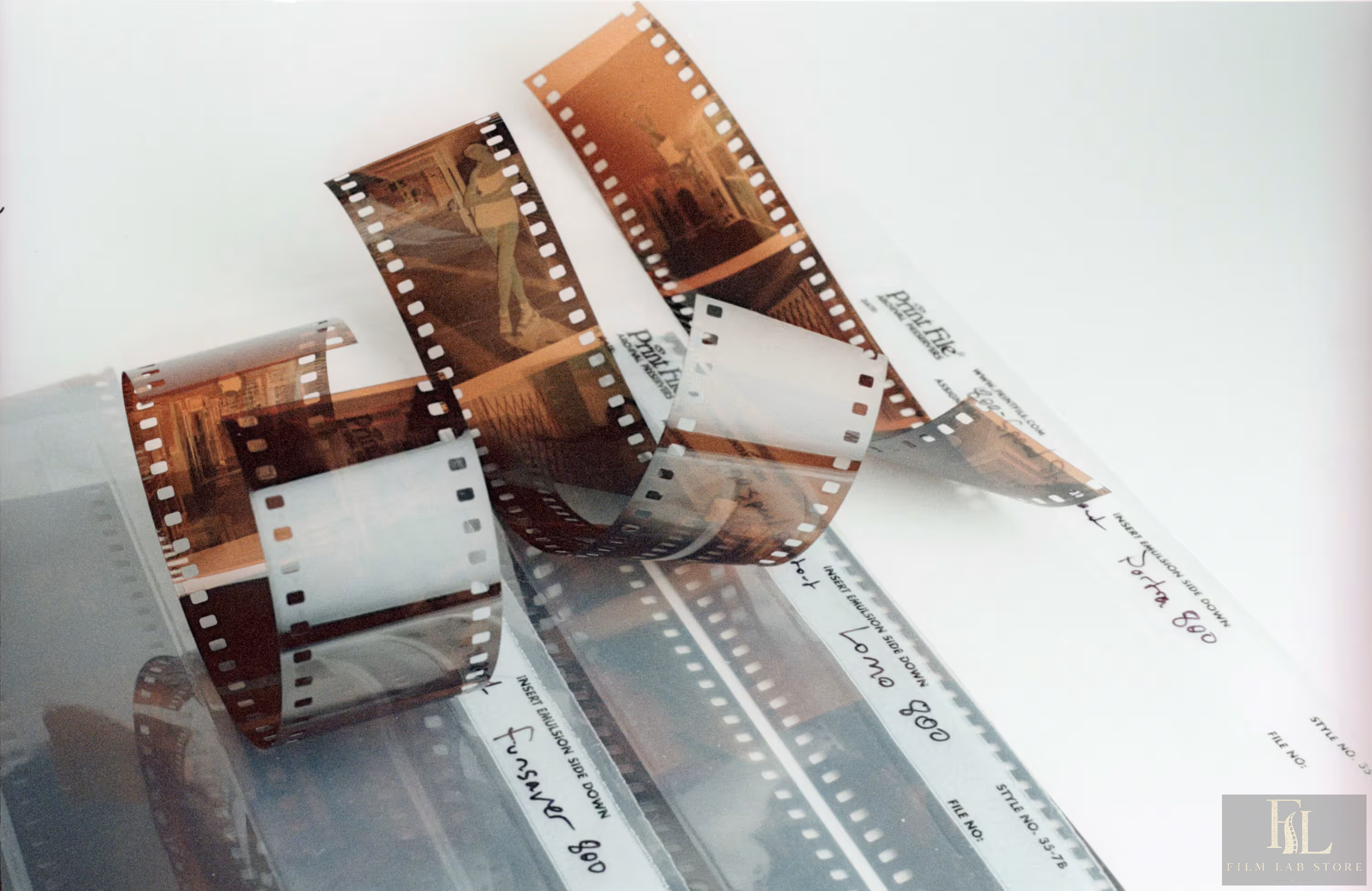 Developed film strips stored in labelled archival sleeves