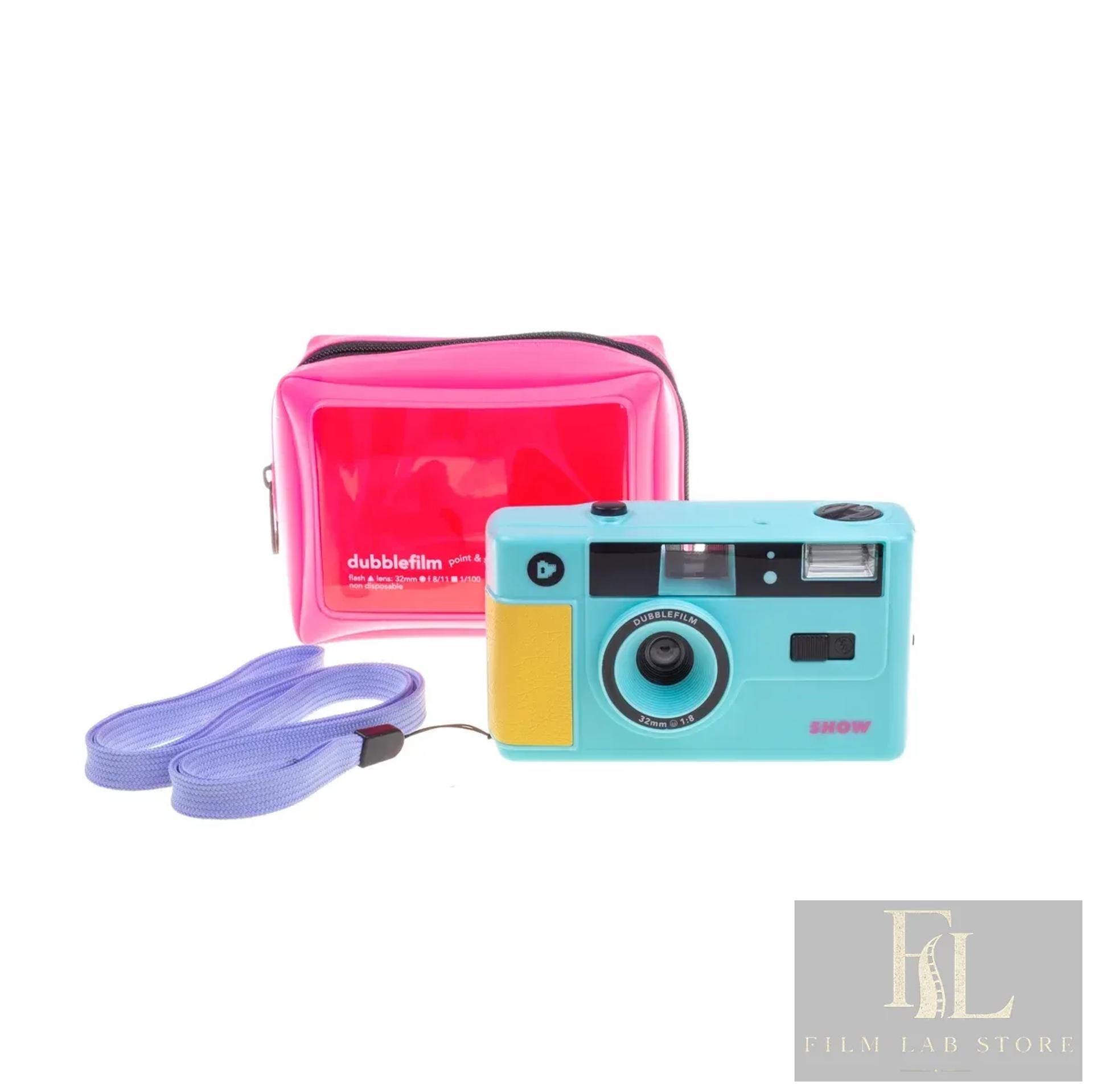 dubblefilm SHOW — 35 mm point-and-shoot film camera with flash, reusable, turquoise