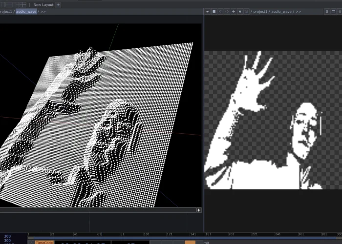 a black and white image of a person with their hands up .