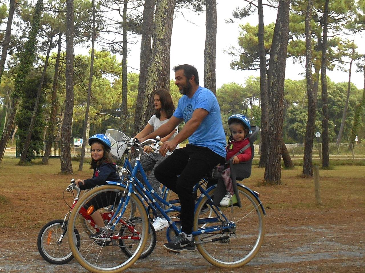 Un papa et ses enfants à vélo dans la forêt de pins