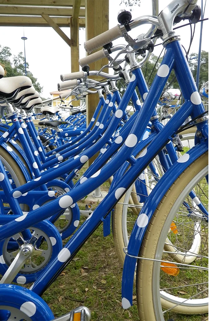 Rangée de vélos bleus à pois blancs devant la boutique