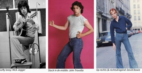 Mick Jagger, John Travolta und David Bowie posieren in Schlaghosen aus den 70er Jahren.