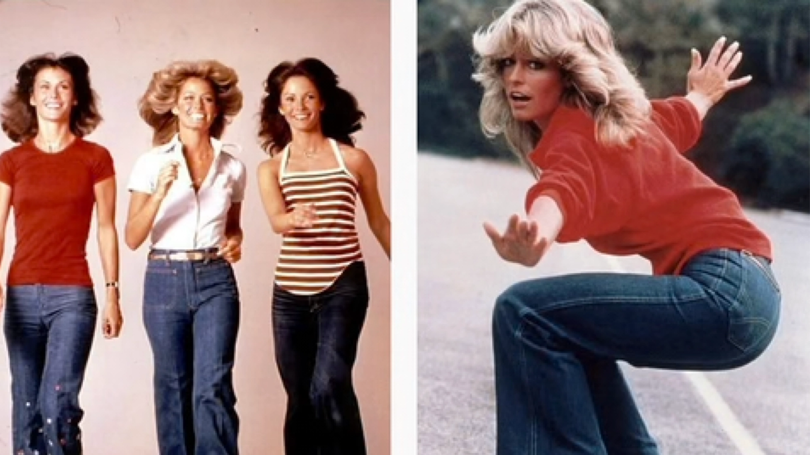 Split-Bild: Die drei ursprünglichen „Charlie’s Angels“ in Freizeitkleidung der 70er Jahre; und Farrah Fawcett in einem roten Oberteil und Jeans in ihrer legendären Skateboard-Pose.