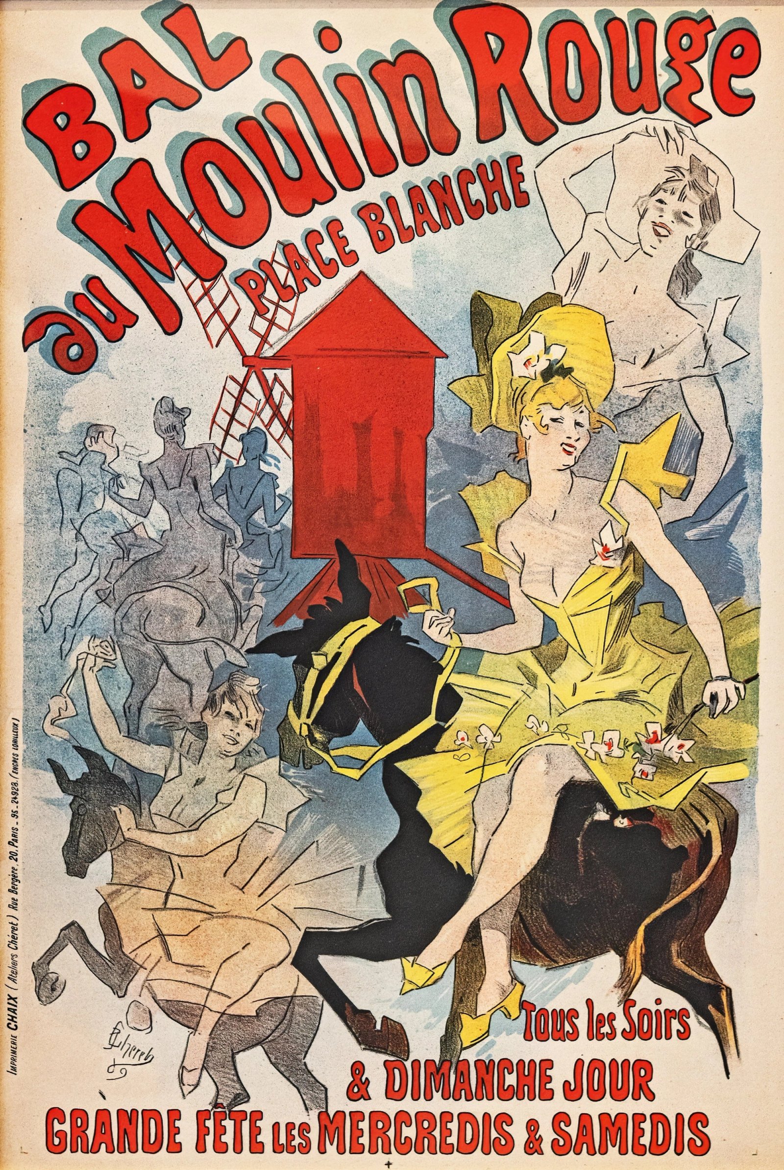 Vintage poster for the Bal du Moulin Rouge featuring can-can dancers on horseback and a red windmill.