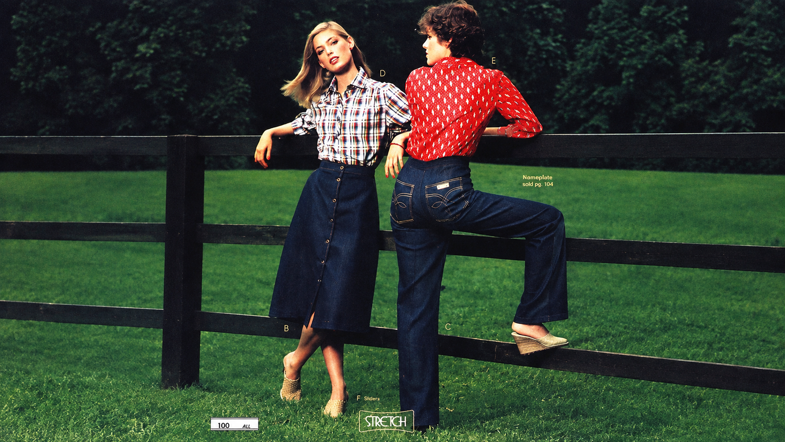 Two women dressed in 1970s fashion—one in a plaid shirt and denim skirt, and the other in a red patterned shirt and flared jeans—are leaning against a fence in a green field.