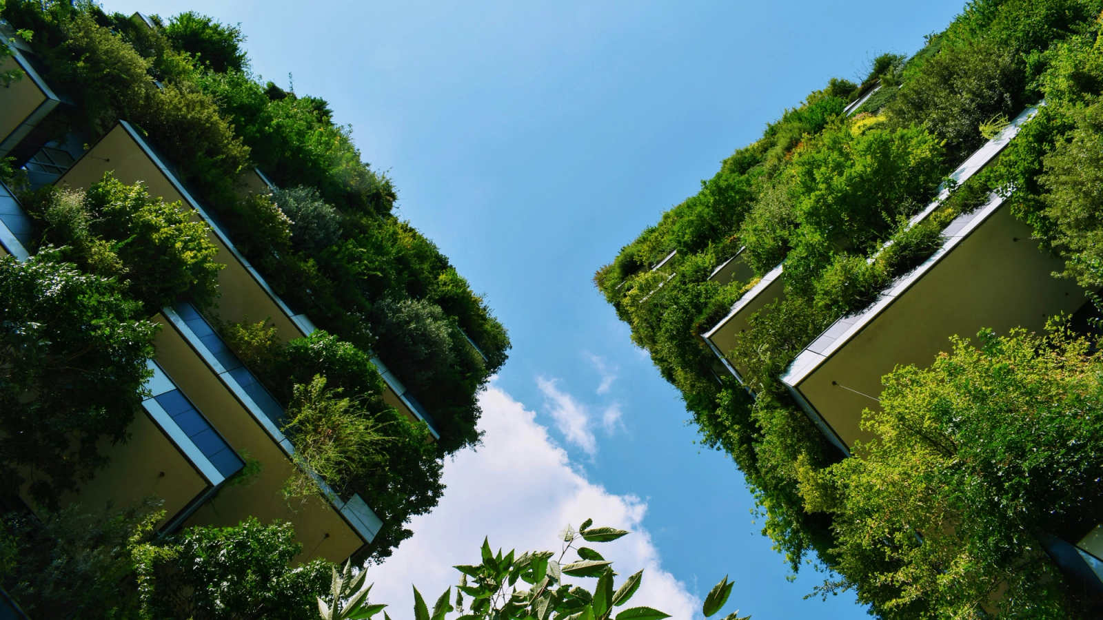 A low-angle view of two modern buildings with balconies densely covered in green trees and plants, set against a blue sky.