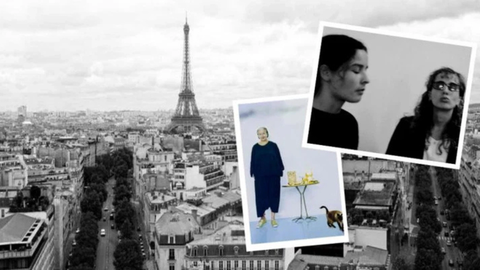 Black and white panorama of Paris with the Eiffel Tower, overlaid with a color photo of a woman with cats and a monochrome photo of two women.